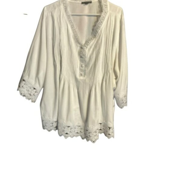 Chelsea & Theodore  XXL Tunic White  Boho Coastal Lace Trim Long Sleeve Bin72 - Picture 1 of 6